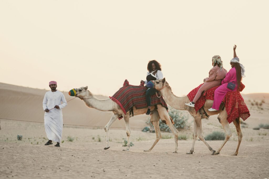 camel ride under sunset
